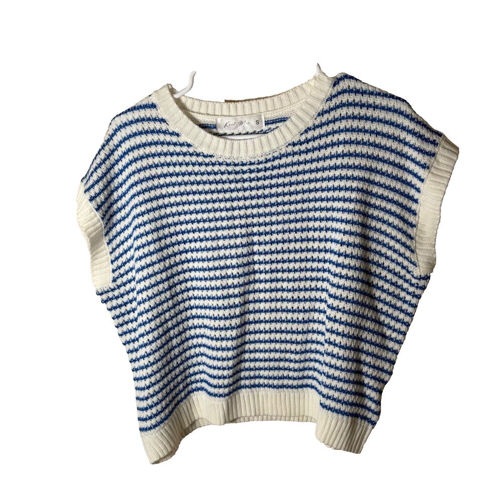 Knit Mix Sweater Women's Small Blue Striped Knit Cap Sleeve Round Neck Pullover